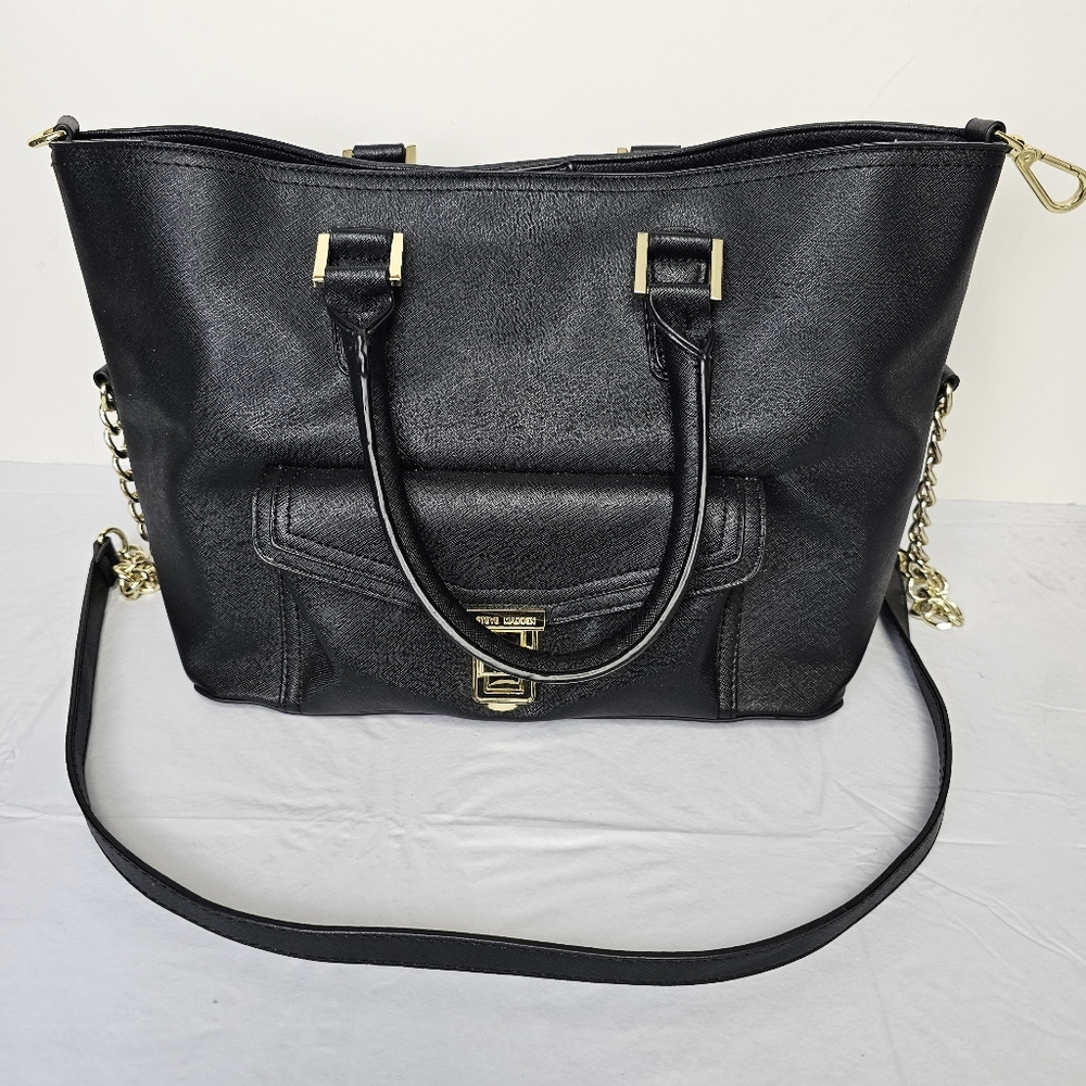 Steve Madden Tote Purse Shoulder Bag Large Black Vegan Leather Chain Accent